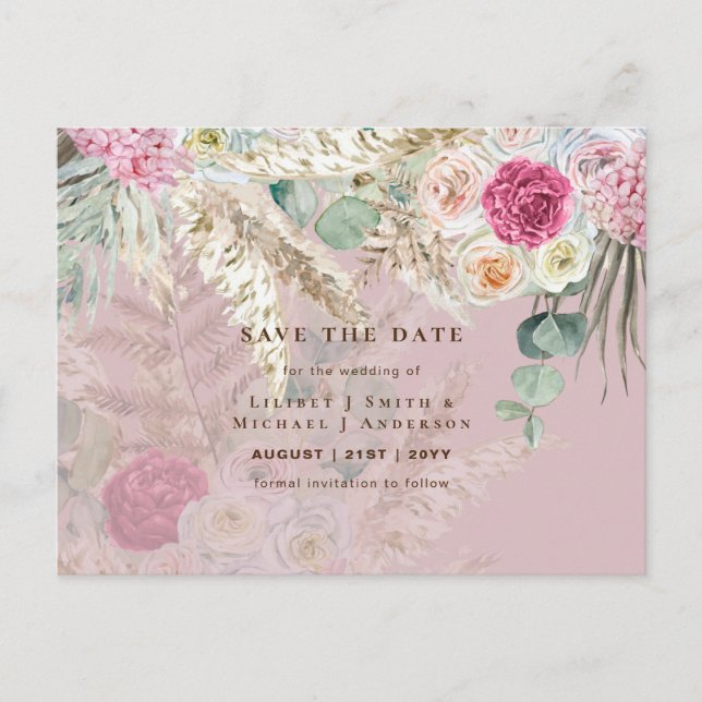 BOHO Pampas Grass Floral Wedding Save The Date Pos Postcard (Front)
