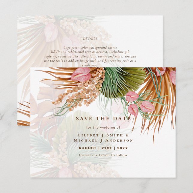 BOHO Pampas Grass Floral Wedding Save The Date Postcard (Front/Back)