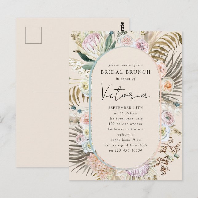 Boho Pampas Grass Florals Bridal Brunch Invitation Postcard (Front/Back)