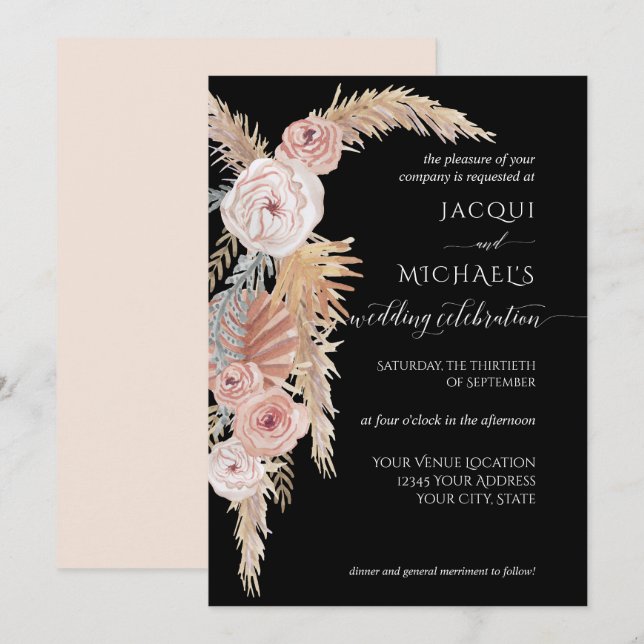 BOHO Pampas Grass Foliage Black Blush Brown Floral Invitation (Front/Back)