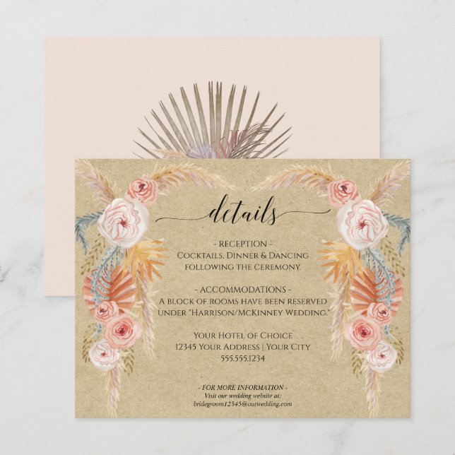 Boho Pampas Grass Foliage Kraft Wedding Details Invitation (Front/Back)