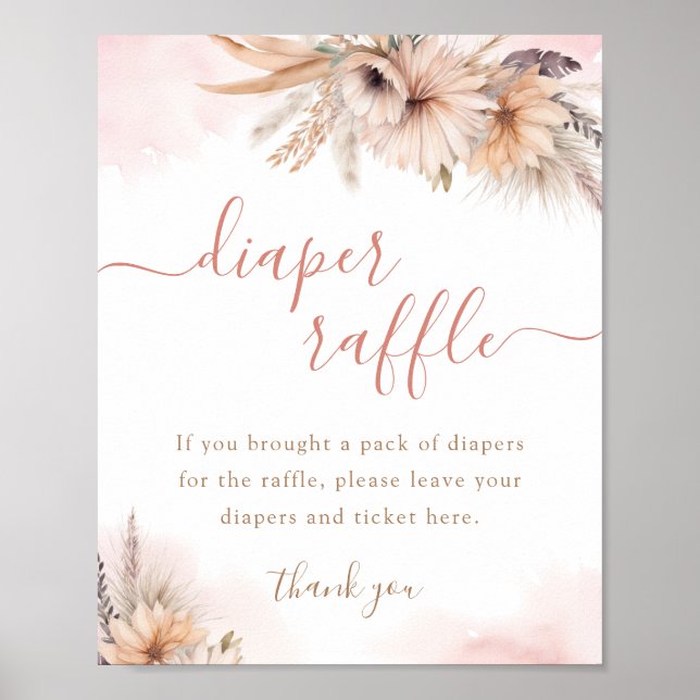 Boho Pampas Grass Girl Baby Shower Diaper Raffle Poster (Front)