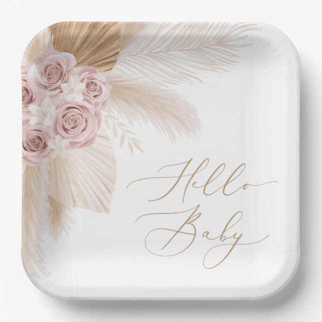 Boho Pampas Grass Girl Baby Shower Paper Plate (Front)