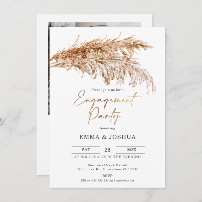 Boho Pampas Grass Gold Calligraphy Engagement Invitation (Front/Back)