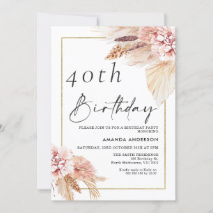 Boho Pampas Grass Gold Frame Birthday Invitation