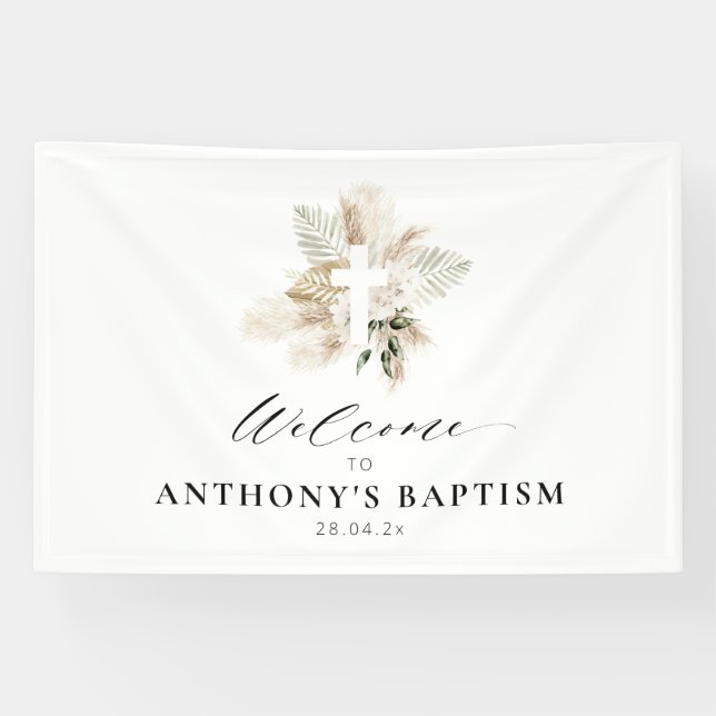 boho pampas grass greenery floral cross baptism banner (Horizontal)