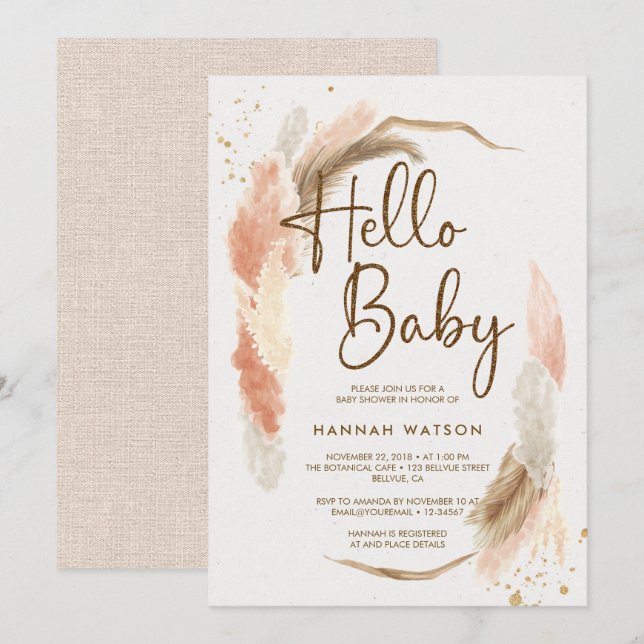 Boho Pampas Grass Hello Baby Shower Invitation (Front/Back)