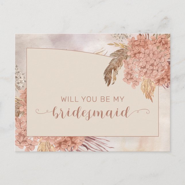 Boho Pampas Grass |Hydrangea Bridesmaid Request  Invitation Postcard (Front)
