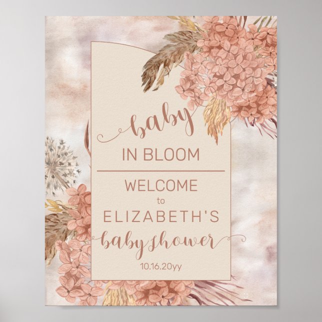 Boho Pampas Grass | Hydrangeas Baby Shower Welcome Poster (Front)