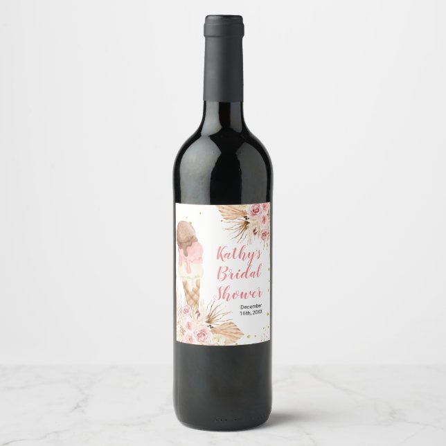 Boho Pampas Grass ice cream Wine Bottle Party Wine Label (Front)