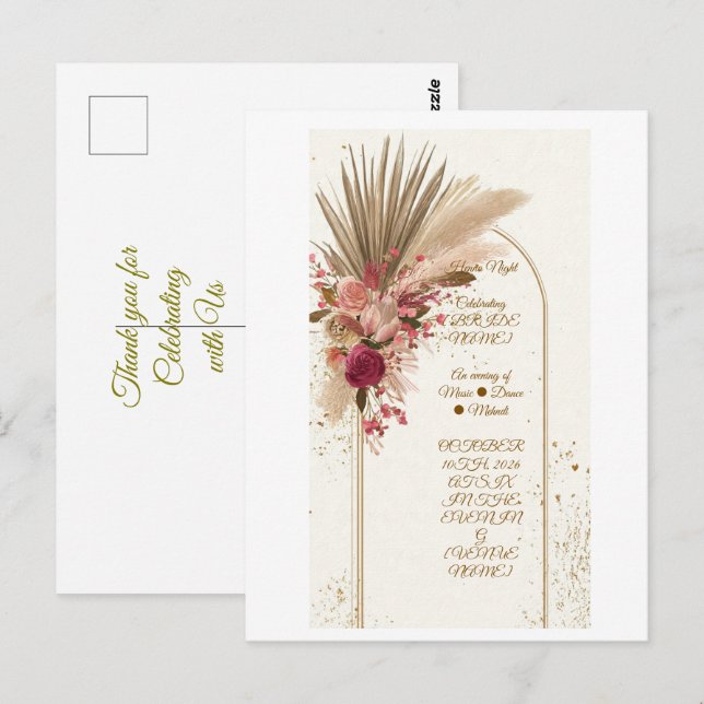Boho Pampas Grass Mehndi Night Invitation Template Postcard (Front/Back)