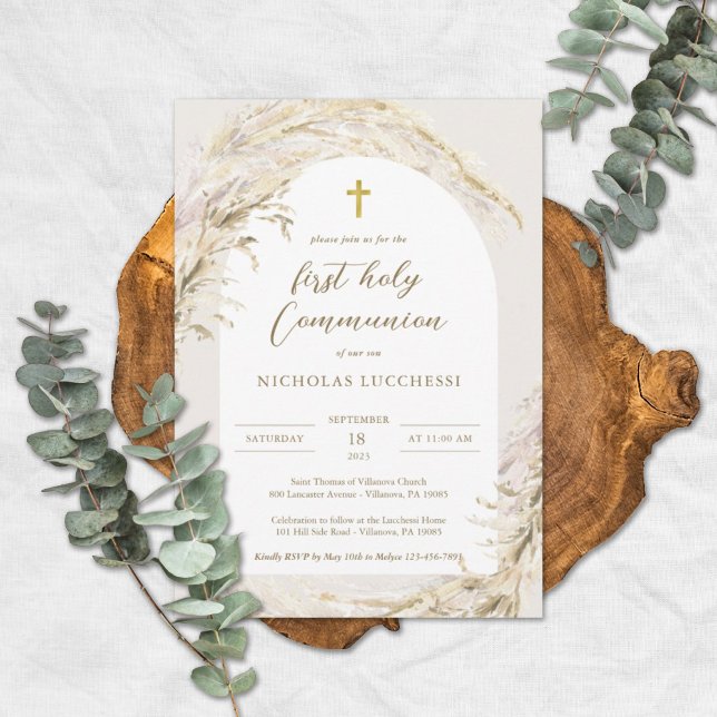 Boho Pampas Grass Modern Communion Invitation (Creator Uploaded)