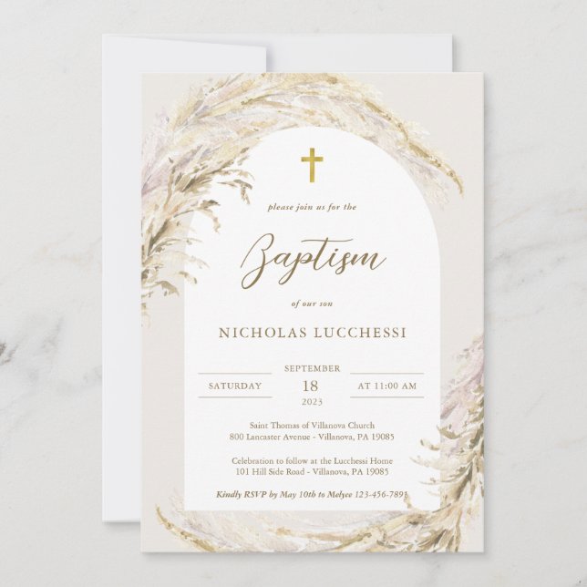 Boho Pampas Grass Modern Twins Baptism Invitation (Front)