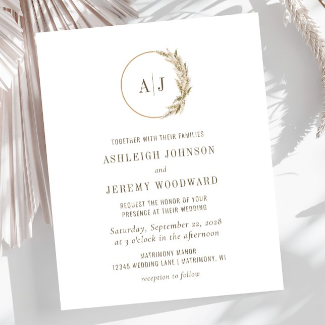 Boho Pampas Grass Monogram Wedding Invitation (Creator Uploaded)