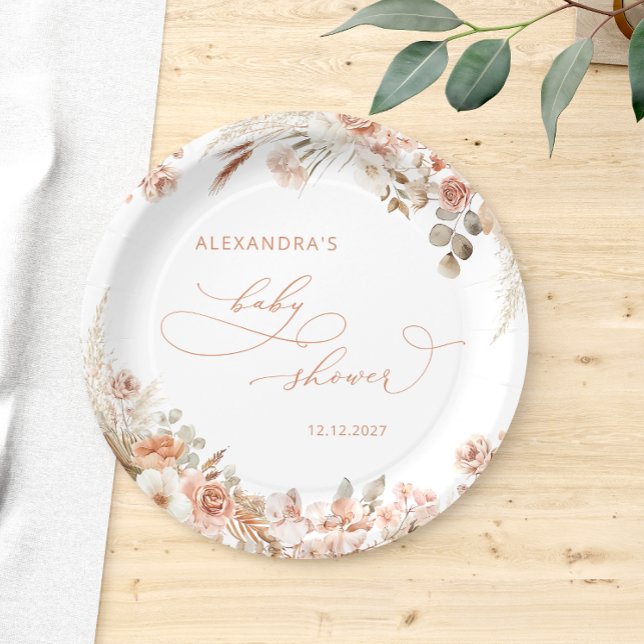Boho Pampas Grass Neutral Baby Shower Modern Paper Plate (Creator Uploaded)