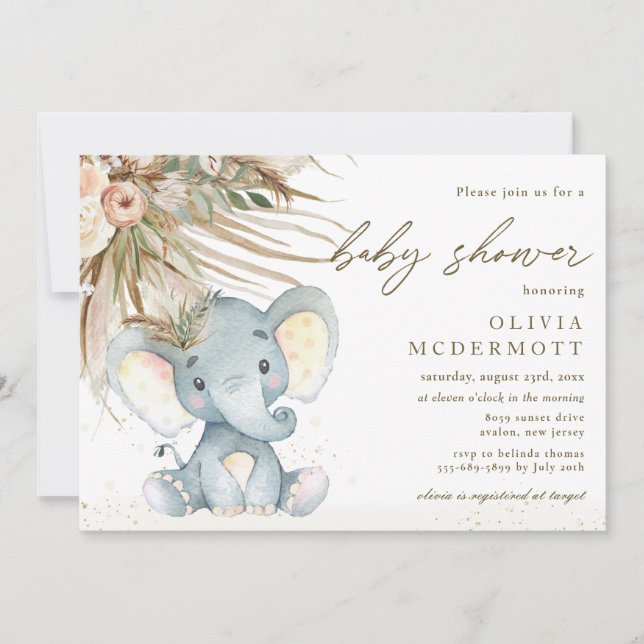 Boho Pampas Grass Neutral Elephant Baby Shower  Invitation (Front)
