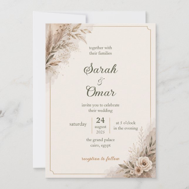Boho Pampas Grass Neutral Wedding Invitation (Front)