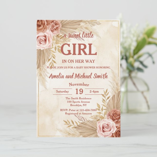 Boho Pampas Grass Oh Girl Baby Shower Invitation (Standing Front)