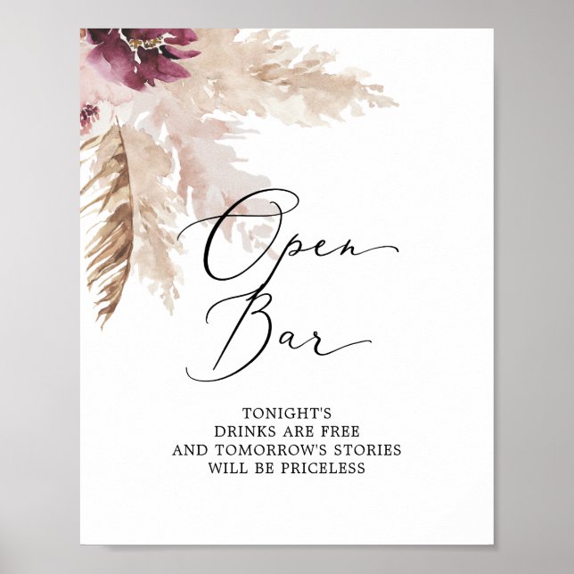 Boho Pampas Grass Open Bar Sign (Front)