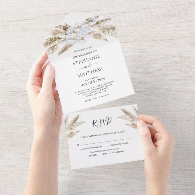 Boho Pampas Grass Orchid Botanical Wedding All In One Invitation (Tearaway)