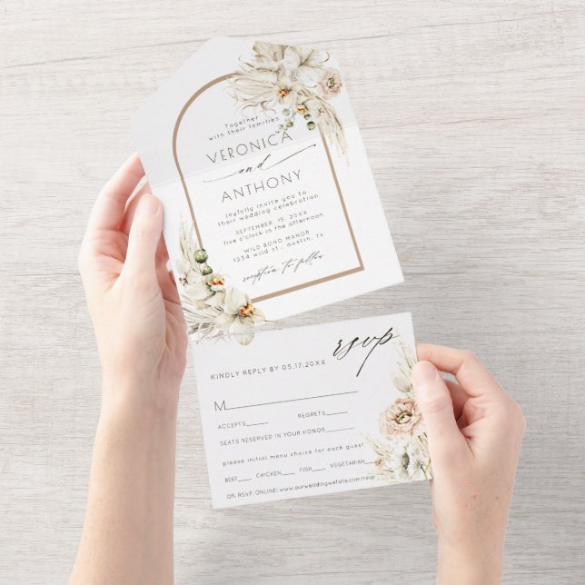 Boho Pampas Grass Orchid Floral Wedding All In One Invitation (Tearaway)