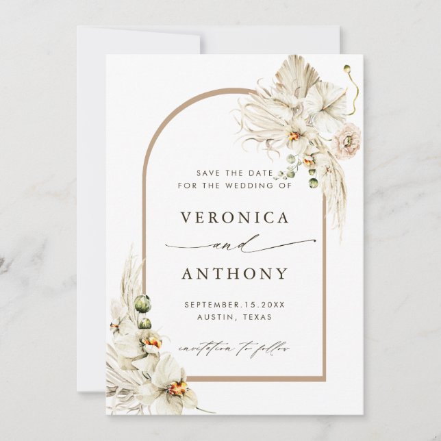 Boho Pampas Grass Orchid Floral Wedding Photo Save The Date (Front)