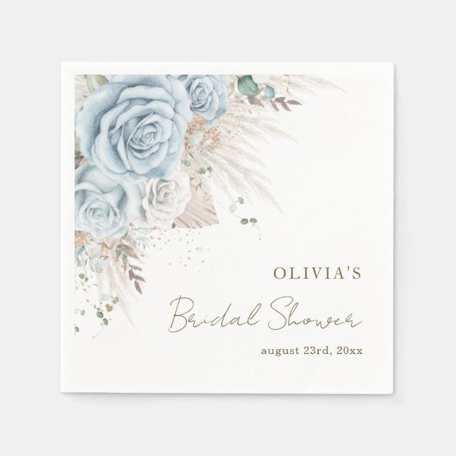 Boho Pampas Grass Pastel Blue Floral Bridal Shower Napkin (Front)