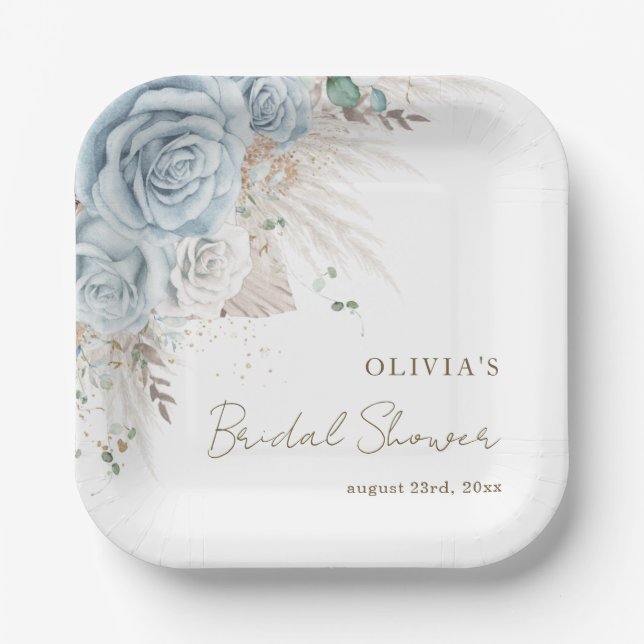 Boho Pampas Grass Pastel Blue Floral Bridal Shower Paper Plate (Front)