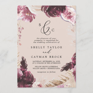 Boho Pampas Grass   Peach Formal Monogram Wedding Invitation