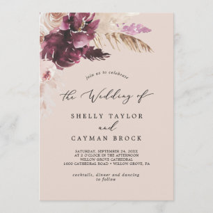 Boho Pampas Grass   Peach Monogram Back Wedding Invitation