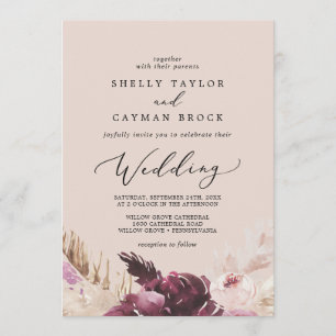 Boho Pampas Grass   Peach Wedding Invitation