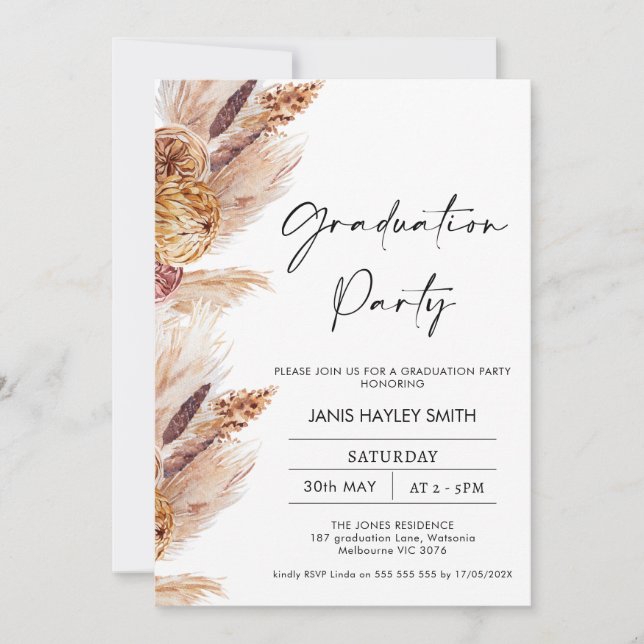Boho Pampas Grass Photo Graduation Party Invitation (Front)
