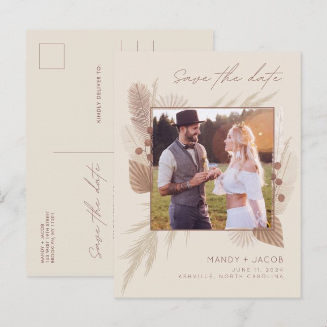 Boho Pampas Grass Photo Wedding Save the Date Announcement Postcard (Front/Back)