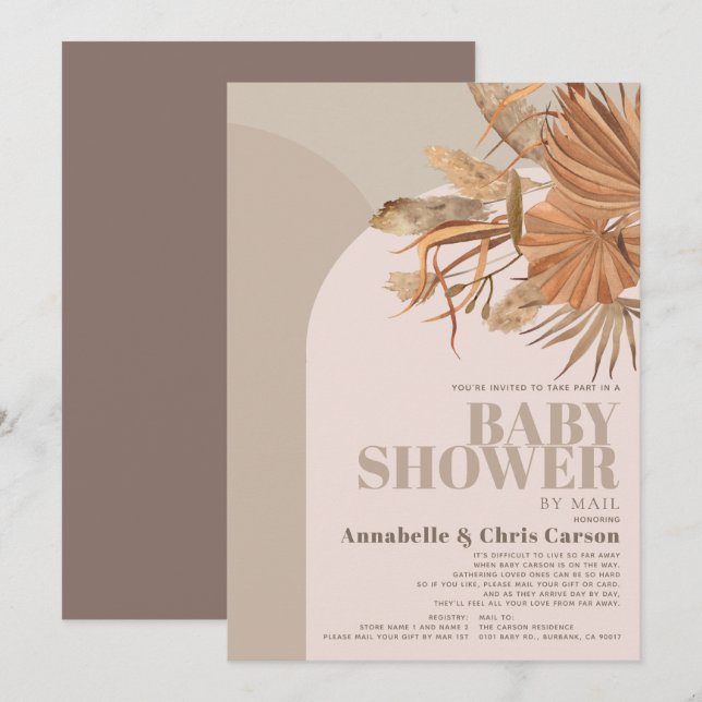 Boho Pampas Grass Pink Baby Shower by Mail Invitation (Front/Back)