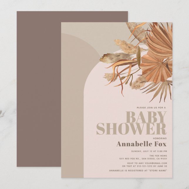 Boho Pampas Grass Pink Baby Shower Invitation (Front/Back)