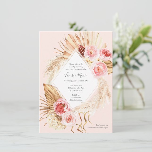 Boho Pampas grass pink floral baby girl shower Invitation (Standing Front)