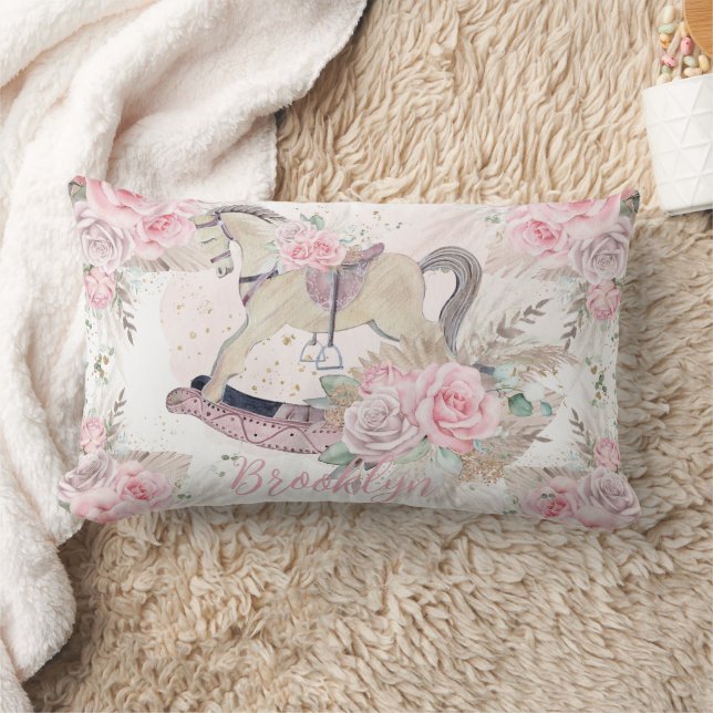 Boho Pampas Grass Pink Floral Rocking Horse Lumbar Pillow (Blanket)