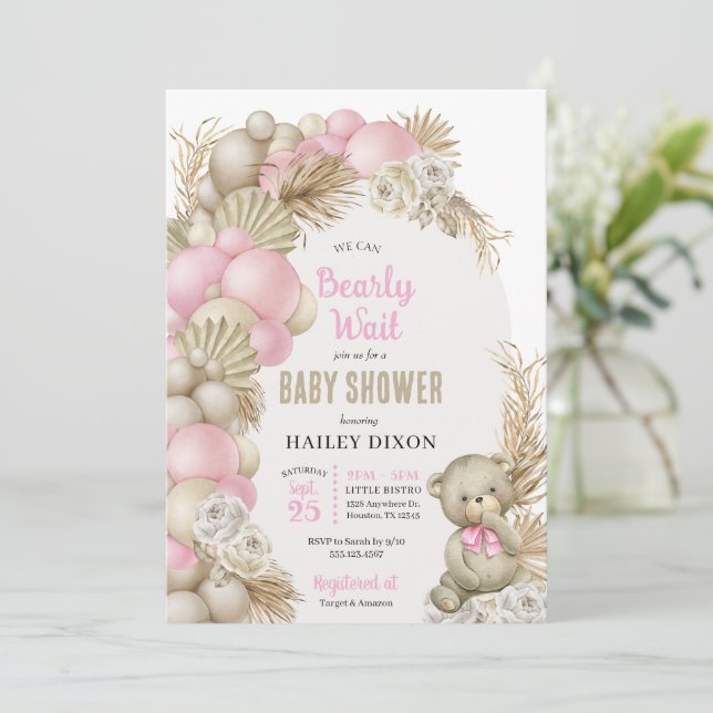 Boho Pampas Grass Pink Teddy Bear Baby Shower Invitation (Standing Front)