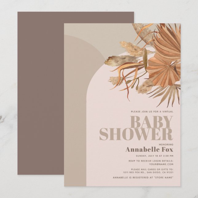 Boho Pampas Grass Pink Virtual Baby Shower Invitation (Front/Back)