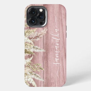Boho Pampas Grass Pink Wood Look Monogram iPhone 13 Pro Max Case