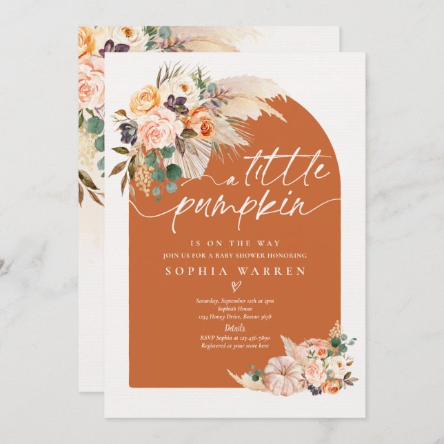 Boho Pampas Grass Pumpkin Baby Shower Burnt Orange Invitation (Front/Back)