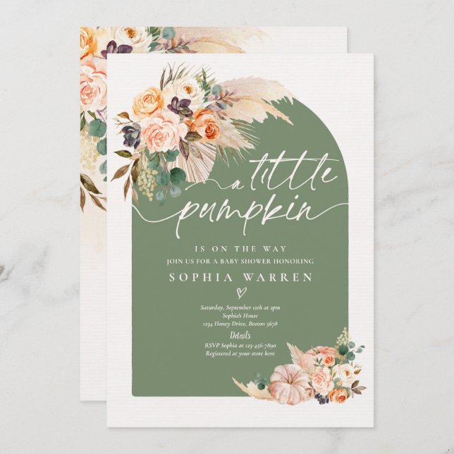 Boho Pampas Grass Pumpkin Baby Shower Sage Green Invitation (Front/Back)