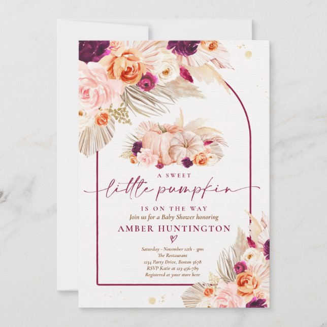 Boho Pampas Grass Pumpkin Burgundy Baby Shower Invitation (Front)
