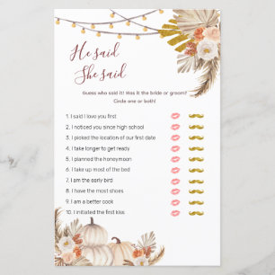 Boho Pampas Grass Pumpkin He said She said Games