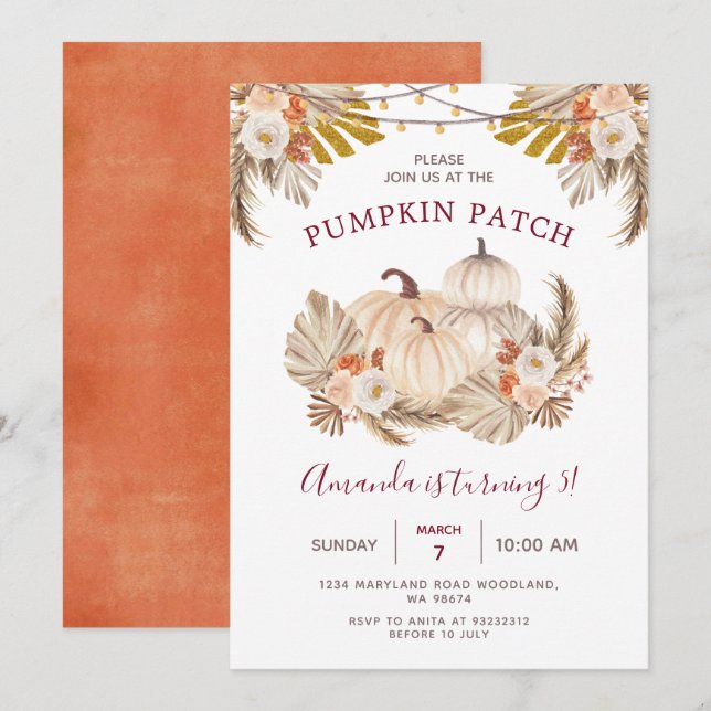 Boho Pampas Grass Pumpkin Patch 5th Birthday Invitation (Front/Back)