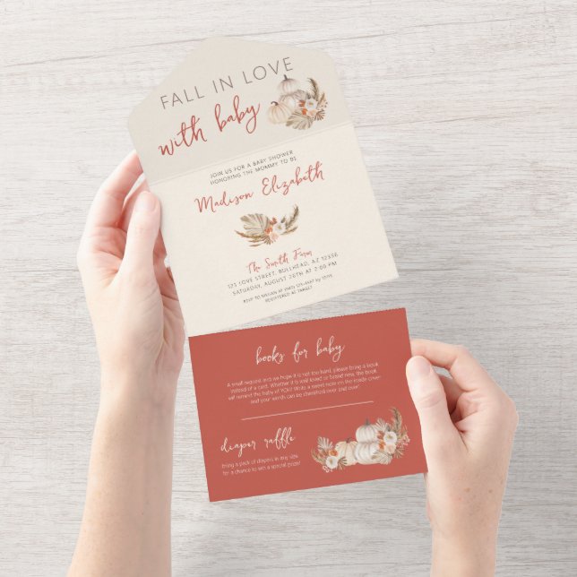 Boho Pampas grass pumpkins Fall in Love with Baby All In One Invitation (Tearaway)