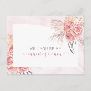 Boho Pampas Grass Roses Maid of Honour Request Invitation Postcard