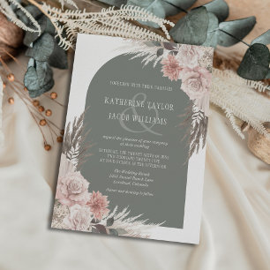 Boho Pampas Grass Sage Green Floral Wedding Invitation