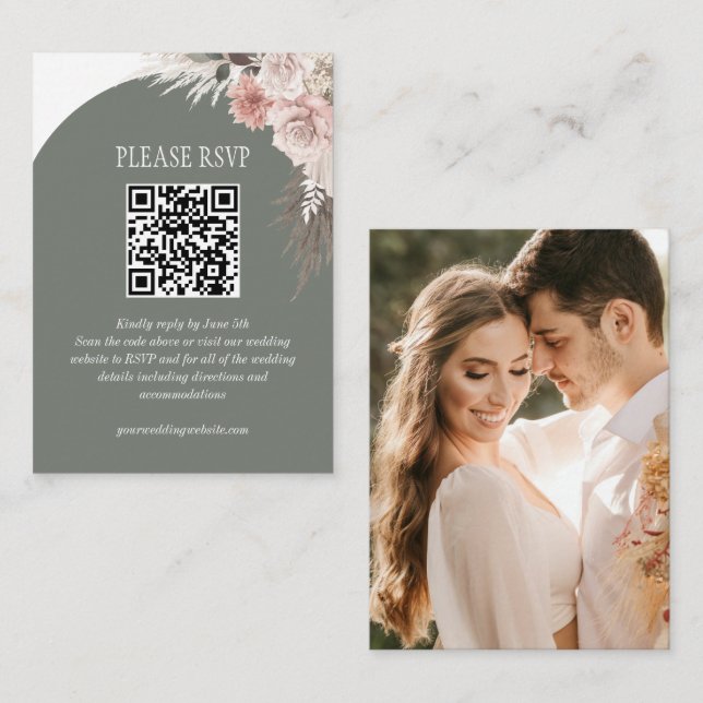 Boho Pampas Grass Sage Wedding Website QR Code Enclosure Card (Front/Back)