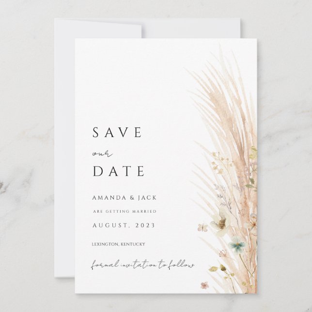 Boho pampas grass save the date minimalist  invitation (Front)